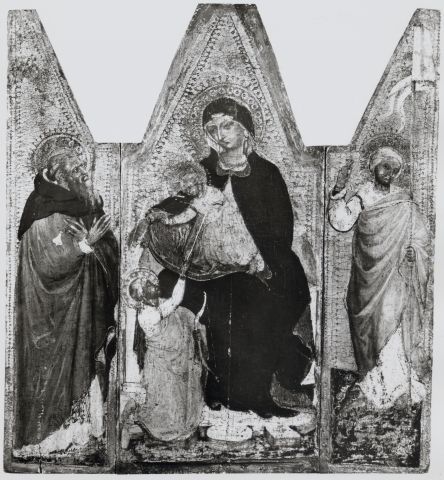 Anonimo — Pirez Àlvaro - sec. XV - Madonna con Bambino in trono e san Sebastiano; Sant'Antonio Abate; Cristo risorto — insieme